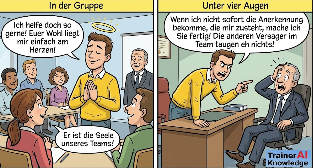 Zweigeteilte Karikatur zum verdeckten Narzissmus: In der Gruppe gibt sich der Mitarbeiter als hilfsbereiter Heiligenschein-Träger, unter vier Augen droht er dem Vorgesetzten massiv.