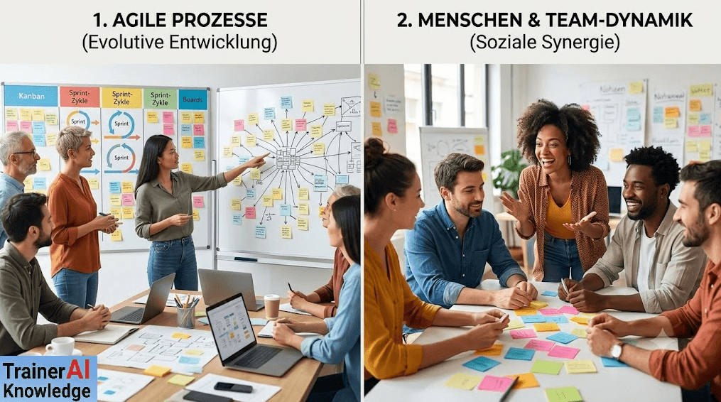 Zweigeteilte Grafik: Links ein Team bei der Arbeit mit Kanban-Board, Sprint-Zyklen und Mindmap zur evolutiven Entwicklung, rechts eine Gruppe im lebendigen Austausch rund um bunte Post-its zur sozialen Synergie.