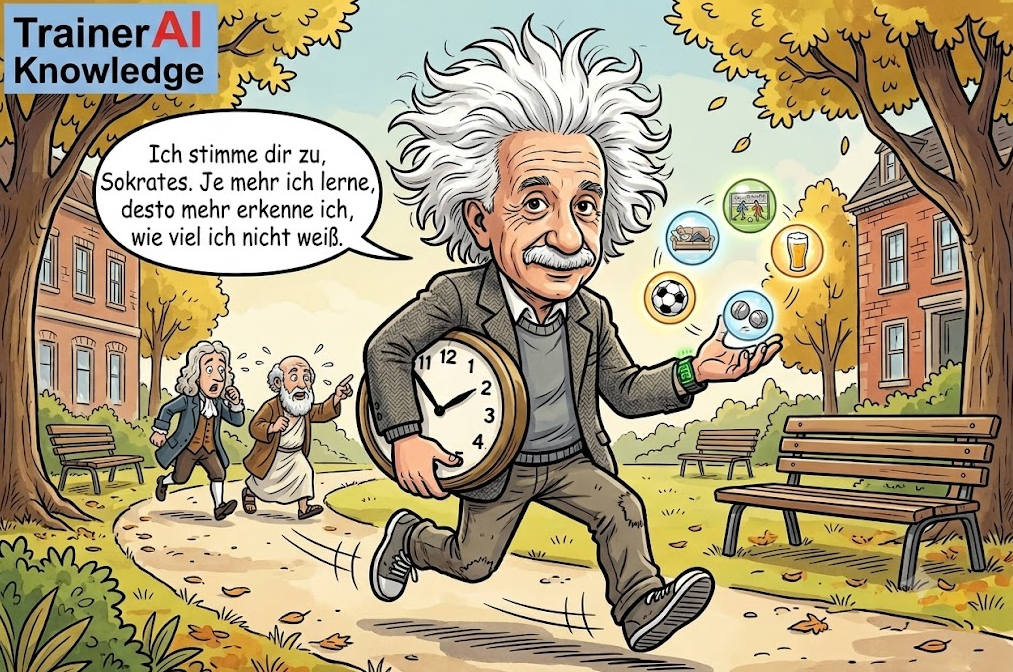 Comic-Karikatur von Albert Einstein mit einer großen Uhr unter dem Arm, der im Park joggt und in einer Sprechblase sagt: „Ich stimme dir zu, Sokrates. Je mehr ich lerne, desto mehr erkenne ich, wie viel ich nicht weiß.“ Im Hintergrund rennen Sokrates und Isaac Newton hinterher.