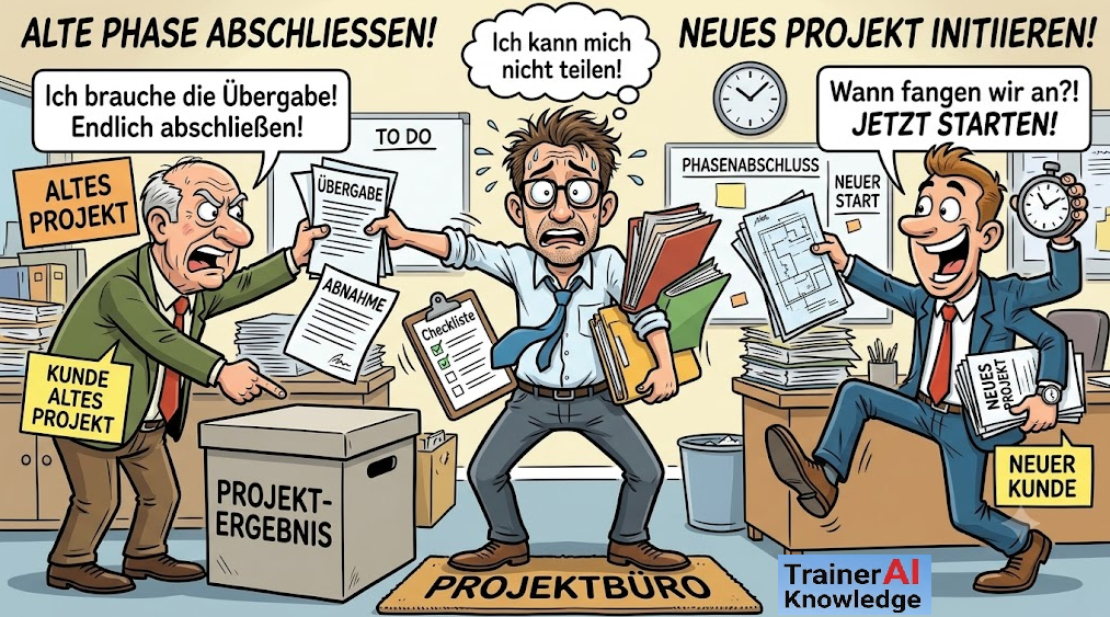 Karikatur zur Überlastung des Projektleiters: Links fordert der alte Auftraggeber die Übergabe, rechts drängt der neue Auftraggeber auf den sofortigen Start, während der Projektleiter denkt: „Ich kann mich nicht teilen!“