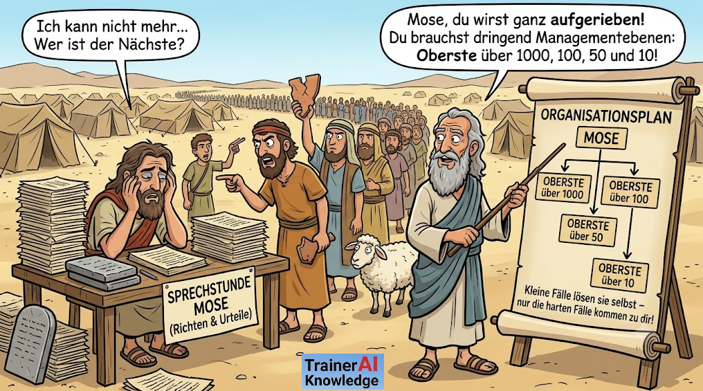 Die Anfänge der Organisationslehre (Exodus 18): Jethro empfiehlt Mose die Einführung von Hierarchieebenen und Delegation, um das Volk Israel effizient zu führen und Burnout zu vermeiden.