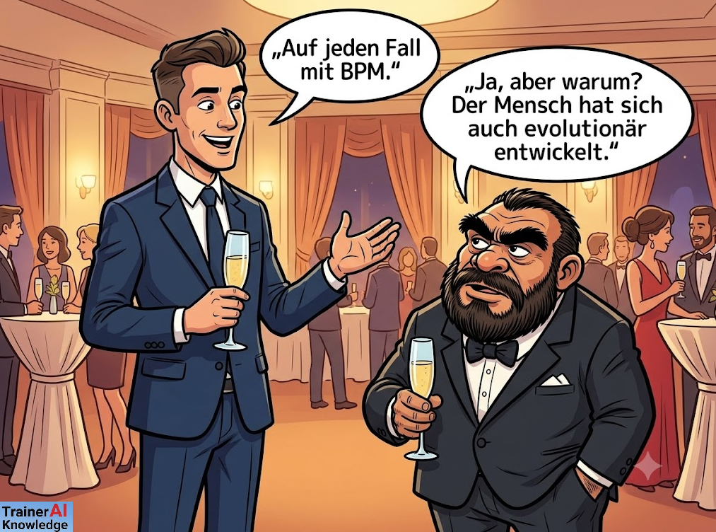 Ein etwas Gorilla ähnlich aussehender Mann mit einem Glas Sekt in der Hand meint, Evolution kann BPM ersetzen.