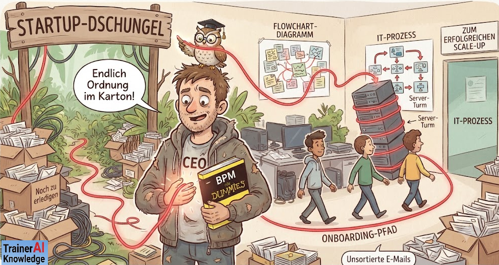 Karikatur eines Startup-CEOs mit dem Buch BPM für Dummies und einer Eule auf dem Kopf, der einen roten Prozess-Faden aus dem Chaos zum erfolgreichen Scale-up zieht.