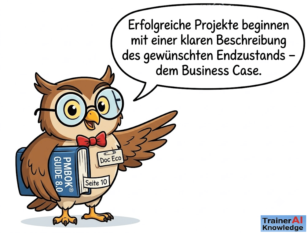 Karikatur der schlauen Eule Doc Eco mit PMBOK Guide 8.0 unter dem Flügel, die erklärt: „Erfolgreiche Projekte beginnen mit einer klaren Beschreibung des gewünschten Endzustands – dem Business Case.“