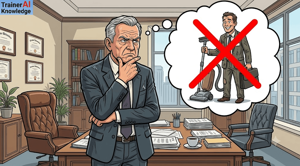Karikatur zur Perspektivenübernahme in der Führung: Ein Chef steht nachdenklich mit der Hand am Kinn im Büro und tut sich schwer damit, sich in die Rolle eines Staubsaugervertreters hineinzuversetzen.