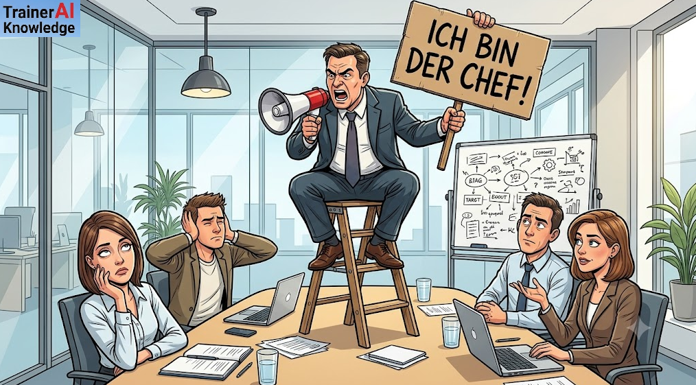 Karikatur zum Thema Autoritärer Führungsstil: Ein Vorgesetzter steht auf einem Hocker im Meetingraum mit Sprachrohr und Holzschild mit der Aufschrift Ich bin der Chef.
