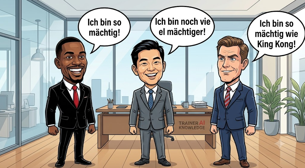 Karikatur zur Machtmotivation nach McClelland: Drei Männer nebeneinander mit Sprechblasen über Macht und Einfluss.