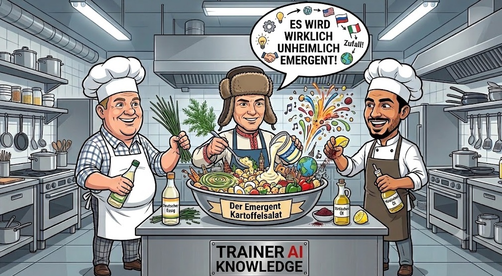Karikatur zur Emergenz: Ein deutscher, russischer und türkischer Koch bereiten gemeinsam einen internationalen Kartoffelsalat zu, aus dem unerwartete Effekte entstehen.