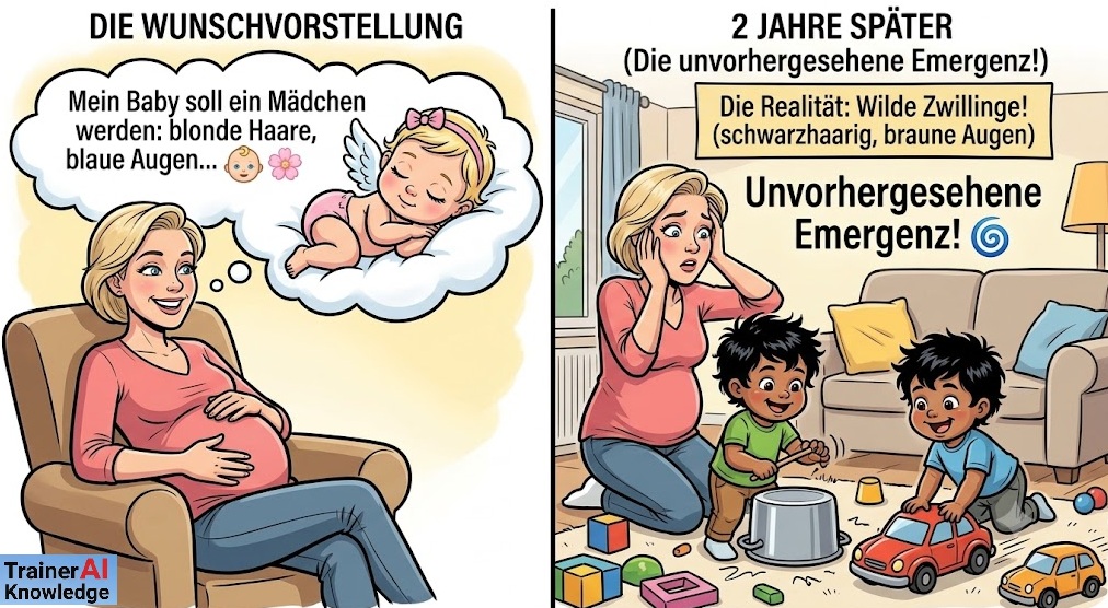 Zweigeteilte Karikatur zur Emergenz: Links eine schwangere Frau mit der Wunschvorstellung eines ruhigen Engels, rechts die unvorhergesehene Realität mit wilden Zwillingen.
