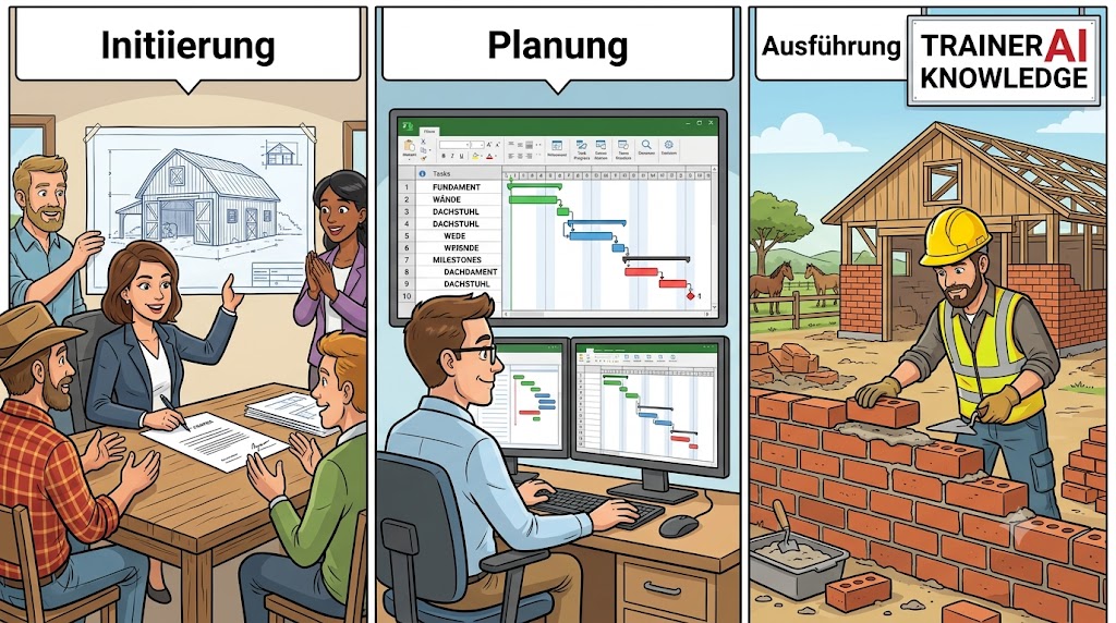 Didaktische Karikatur zu den ersten drei Fokusbereichen im Projektmanagement: Initiierung mit Projektauftrag, Planung am MS-Project-Bildschirm und Ausführung mit einem Maurer beim Bau eines Pferdestalls.