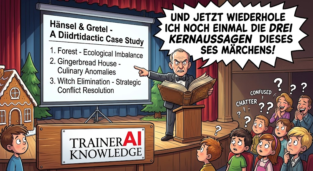 Ein steifer Dozent liest das Märchen Hänsel und Gretel wie einen akademischen Forschungsbericht vor und wiederholt streng die Kernaussagen.
