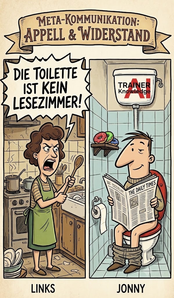 Zweigeteilte Karikatur zur Appellebene: Links ruft eine verärgerte Ehefrau aus der Küche 'Die Toilette ist kein Lesezimmer!'. Rechts sitzt Jonny entspannt mit Zeitung und Donuts auf der Toilette.