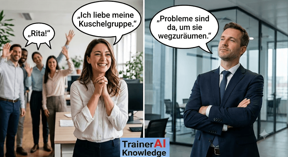Karikatur zu McClellands Motivationsmodell: Links eine Mitarbeiterin in einer harmonischen Gruppe für Zugehörigkeitsmotivation, rechts ein stolzer Manager als Symbol für Machtmotivation.
