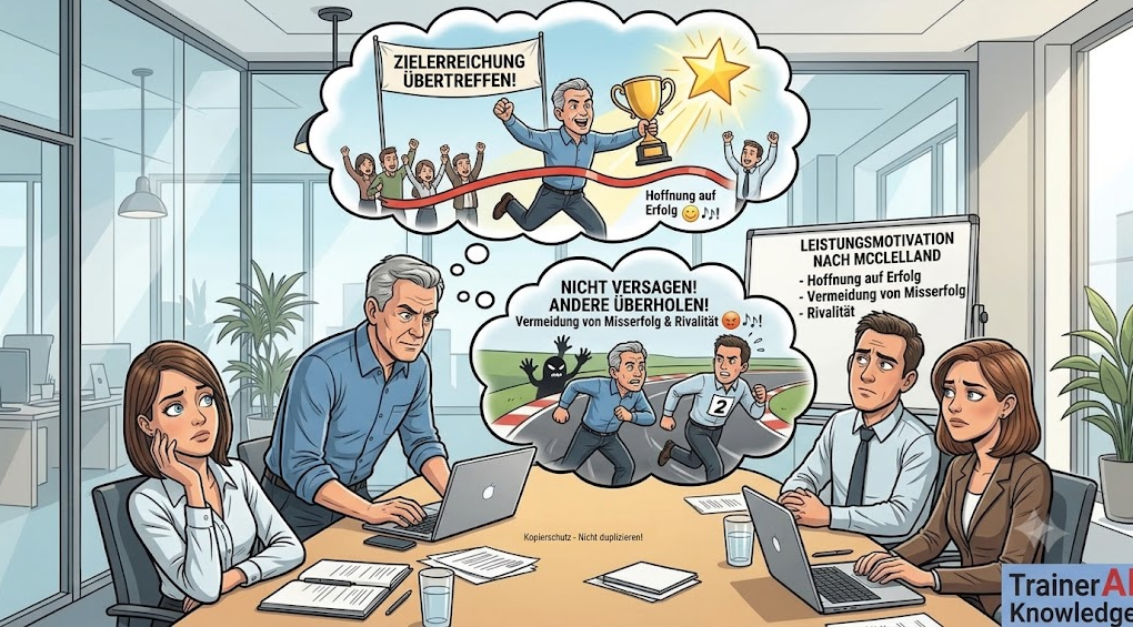 Karikatur zur Leistungsmotivation nach McClelland: Ein Mitarbeiter mit Gedankenblasen zur Hoffnung auf Erfolg, der Vermeidung von Misserfolg und der Konkurrenz zu Kollegen.