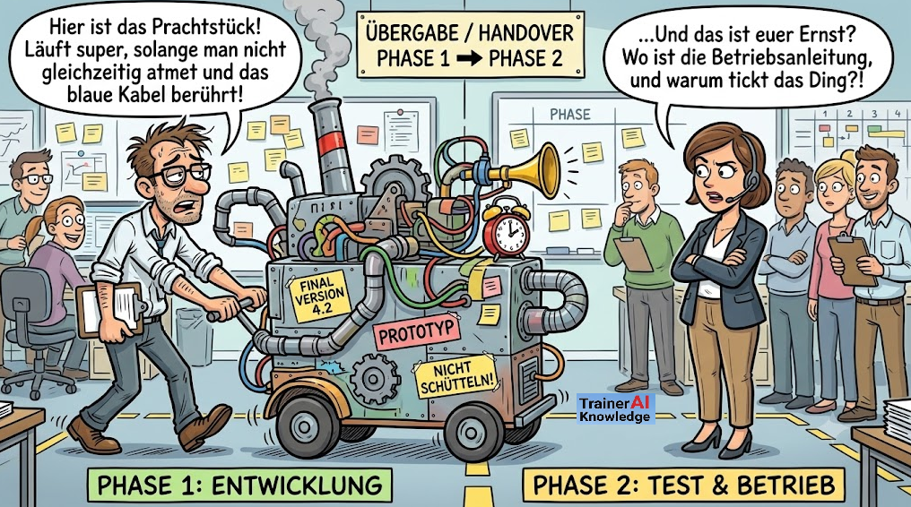 Karikatur zur Phasenübergabe: Der Entwickler schiebt eine qualmende, provisorische Maschine von Phase 1 zu Phase 2, während die Betriebsleiterin entsetzt nach der Betriebsanleitung fragt.