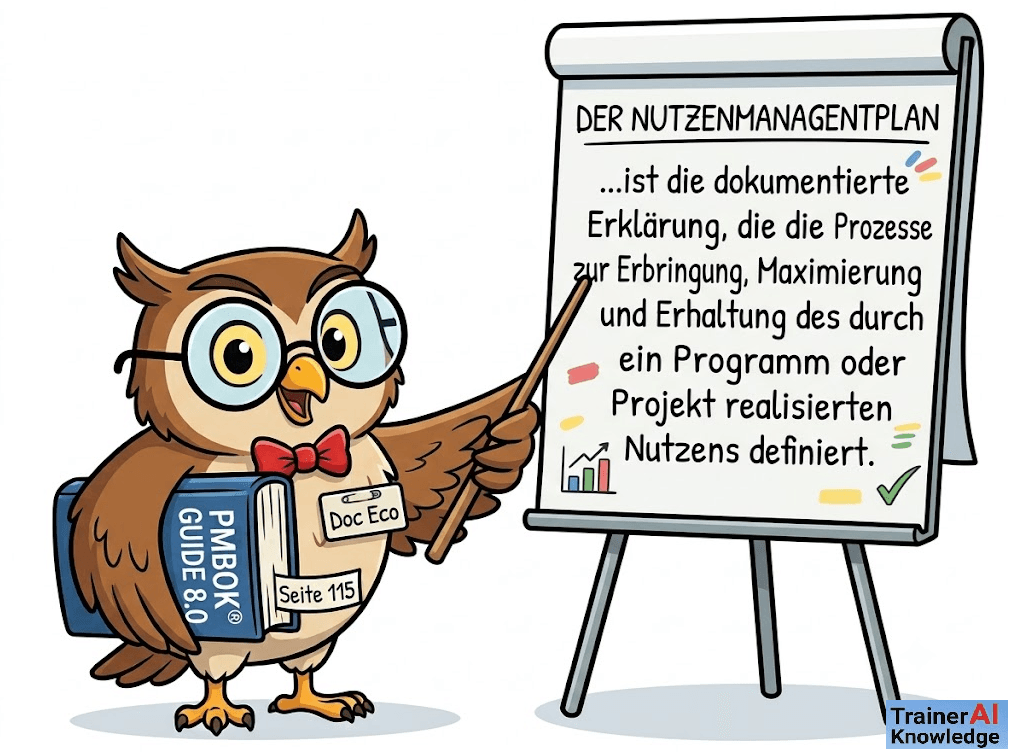 Karikatur der Eule Doc Eco mit dem PMBOK Guide 8.0, die auf ein Flipchart mit der Definition des Nutzenmanagementplans zeigt.