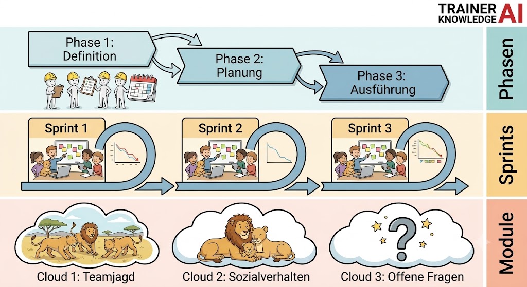 Schulungsgrafik zur Didaktik und Strukturierung von Präsentationen. Vergleicht klassische Phasen, agile Sprints und modulare Bild-Assoziationen für Reden.