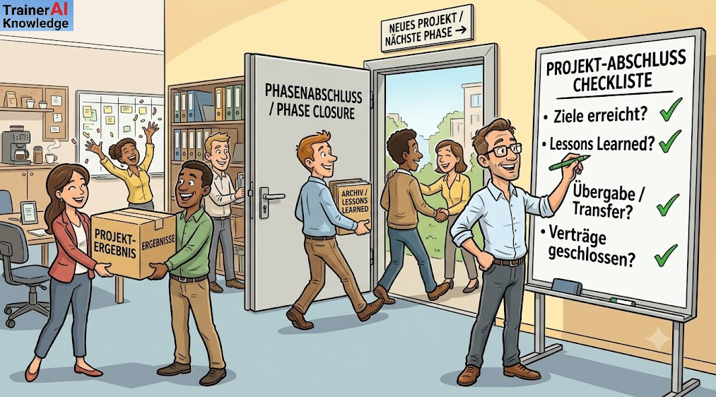 Karikatur zum Unterschied von Phasenabschluss und Projektabschluss: Ein Team übergibt Projektergebnisse, archiviert Lessons Learned und hakt eine Projektabschluss-Checkliste ab.