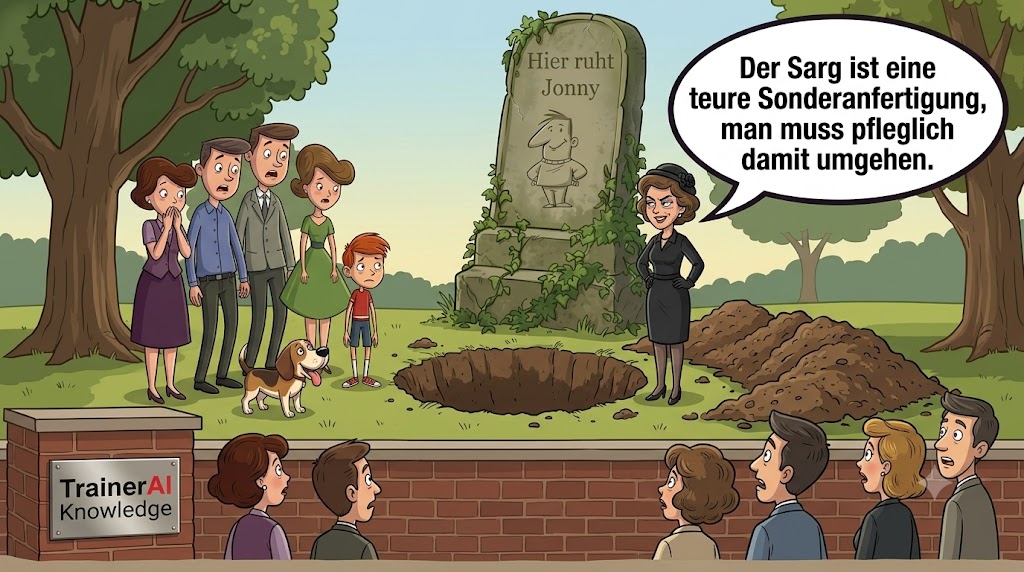 Karikatur zur Appellebene am Grab: Jonnys Frau in Schwarz steht an einem runden Grabloch vor dem Grabstein ('Hier ruht Jonny') und verkündet spitzfindig: 'Der Sarg ist eine teure Sonderanfertigung, man muss pfleglich damit umgehen.' Trauergäste schauen erschrocken.