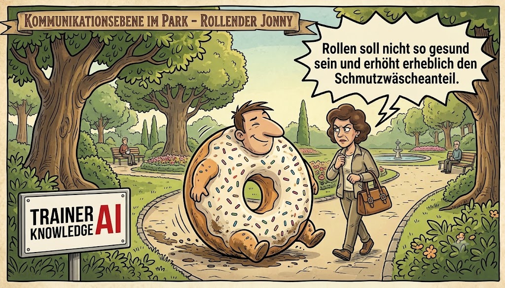 Karikatur zur Appellebene im Park: Jonny rollt als riesiger, kugelformer Donut über den Parkweg, während seine verärgerte Frau mit Handtasche gestikuliert und ruft: 'Rollen soll nicht so gesund sein und erhöht erheblich den Schmutzwäscheanteil.'