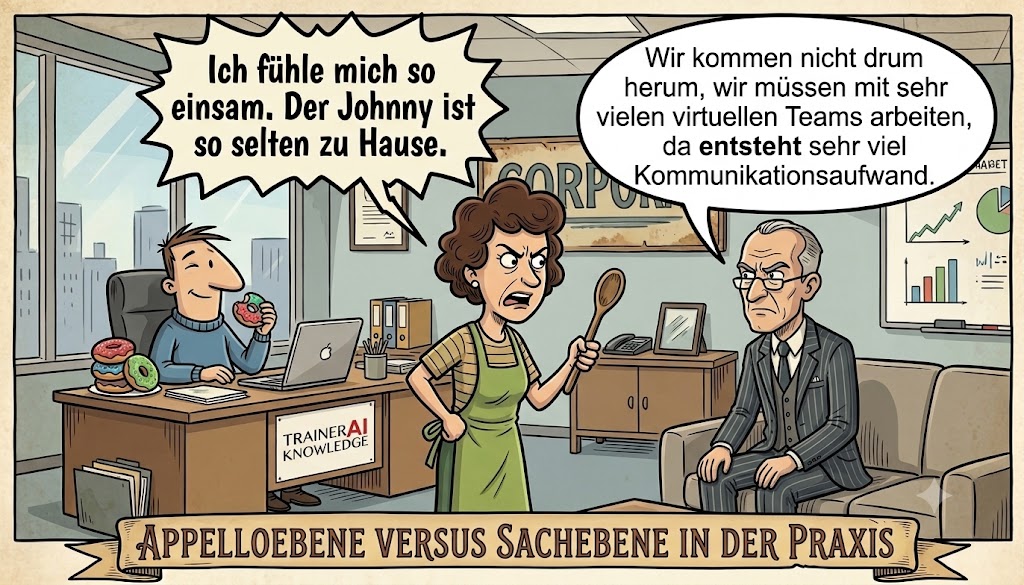 Didaktische Illustration zum 4-Ohren-Modell von Schulz von Thun im Konflikt zwischen emotionaler Appellebene und reiner Sachebene im Unternehmensumfeld.