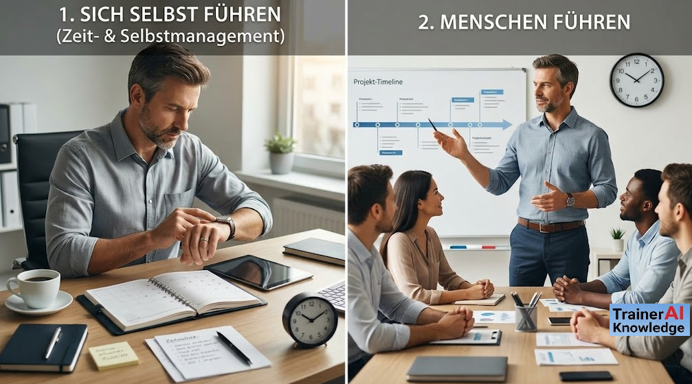 Zweigeteilte Infografik: Links ein Mann am Schreibtisch mit Kalender und Uhr zur Selbstführung, rechts dieselbe Führungskraft bei der Präsentation einer Projekt-Timeline vor einem Team.