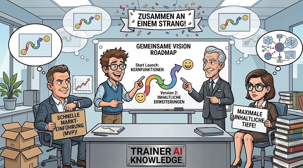 Grafik zum Stakeholder-Management: Projektleiter moderiert einen Vision-Workshop zwischen Sponsor und Didaktik-Team zur Abstimmung der Produkt-Roadmap für eine Lernplattform.