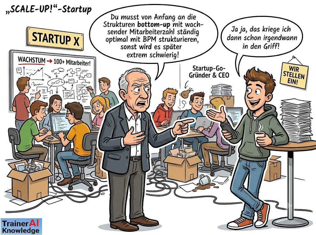 Karikatur: Ein erfahrener älterer CEO ermahnt einen jungen Startup-Gründer, Strukturen von Anfang an mit BPM aufzubauen, während der Gründer noch abwinkt.
