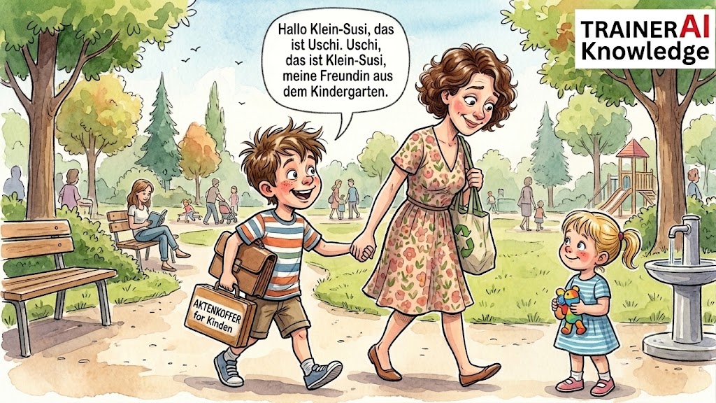 Ein kleiner Junge an der Hand seiner Mutter stellt der kleinen Susi auf dem Spielplatz seine Mutter mit dem Vornamen „Uschi“ vor.