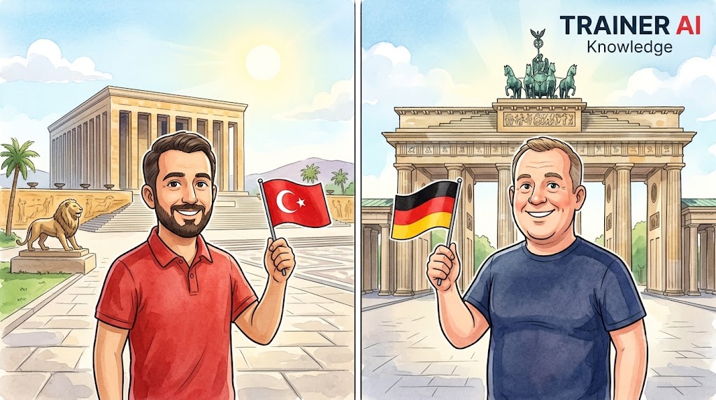 2. Axiom von Watzlawick von TRAINERKNOWLEDGE AI: Zweigeteilter Kulturvergleich zwischen einem Türken vor dem Anıtkabir und einem Deutschen vor dem Brandenburger Tor zur Veranschaulichung von Inhalts- und Beziehungsaspekt.