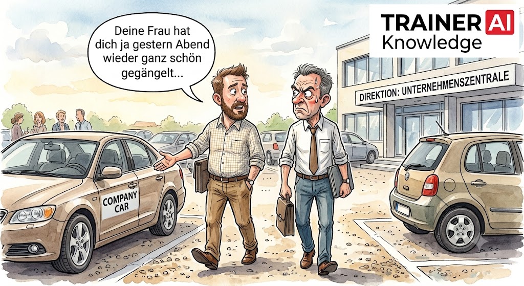 3. Watzlawick-Axiom: Zwei Kollegen gehen mit Aktentaschen über den Firmenparkplatz; ein unbedachter Kommentar zur Ehefrau löst eine direkte Gegenreaktion aus.