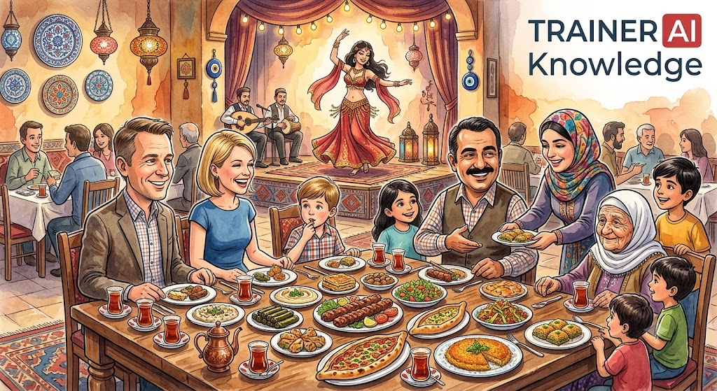 Eine deutsche Familie mit einem Kind und eine türkische Großfamilie mit Fünf Kindern und Großmutter sitzen zusammen an einem reich gedeckten Tisch im türkischen Restaurant, während im Hintergrund eine Bauchtänzerin auftritt.