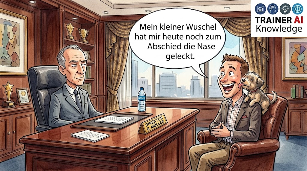 Ein Vertreter erzählt im edlen Büro dem unbeeindruckten Direktor von seinem Hund, der ihm die Nase geleckt hat.