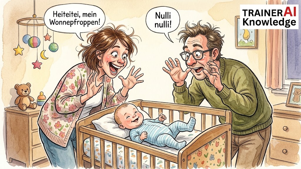 4. Watzlawick-Axiom: Ein Baby lächelt bewusst im Babybett, während Mutter und Vater begeistert mit übertriebener Mimik und Lauten reagieren.