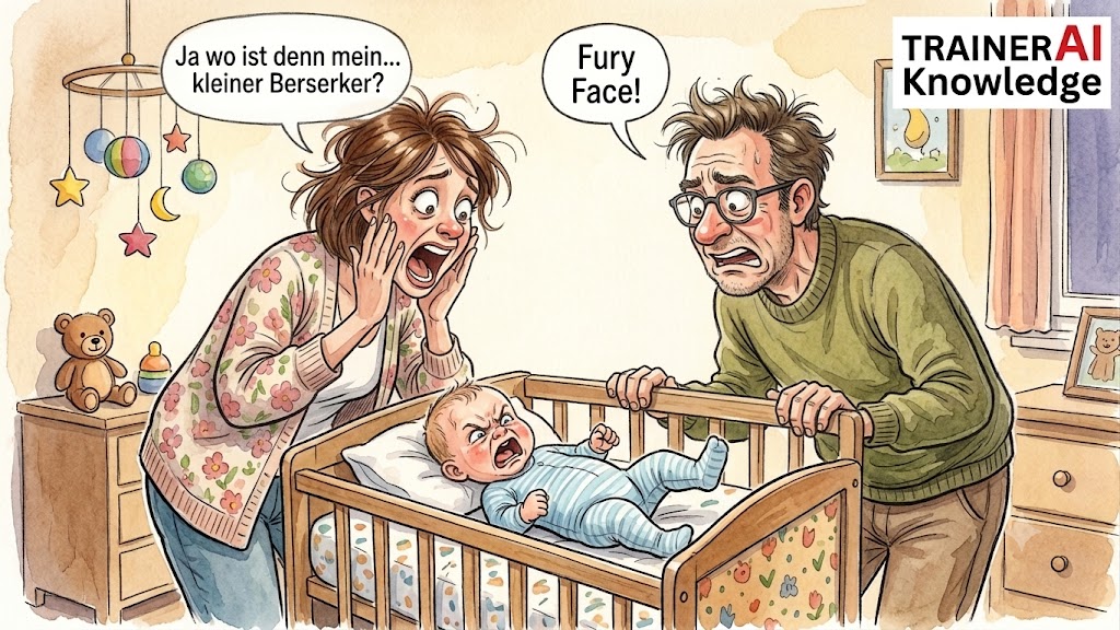 Zum 4. Watzlawick-Axiom: Ein Baby blickt mit wutentbranntem „Fury Face“ aus dem Bettchen, während die Eltern erschrocken zurückweichen.