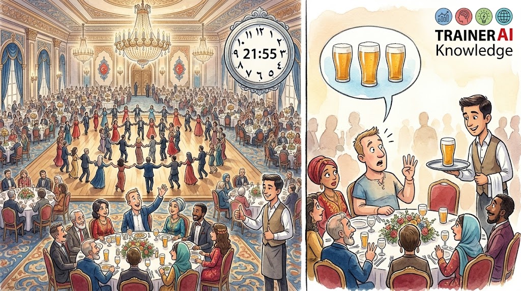 Zweigeteilte Karikatur von TRAINERKNOWLEDGE AI: Links bestellt ein Gast um 21:55 Uhr auf einer türkischen Hochzeit per Handzeichen drei Bier beim Kellner; rechts bringt der Kellner nur ein Bier.