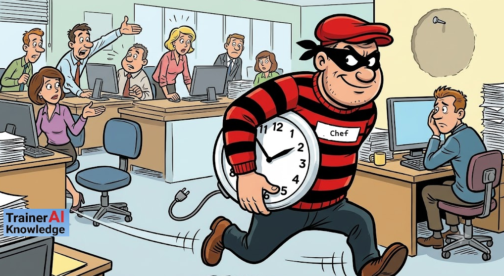 Comic-Illustration eines als Bankräuber verkleideten Mannes mit einem Schild Chef auf der Brust, der eine große Wanduhr aus dem Büro stiehlt, während schockierte Mitarbeiter zusehen.