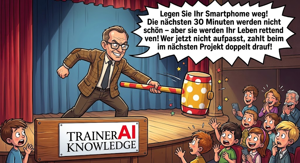 Karikatur zum Zuhörernutzen in der Rhetorik: Ein Redner macht dem Publikum auf der Bühne mit dem Holzhammer und humorvoller Übertreibung klar, dass der folgende Vortrag einen direkten Nutzen bietet.